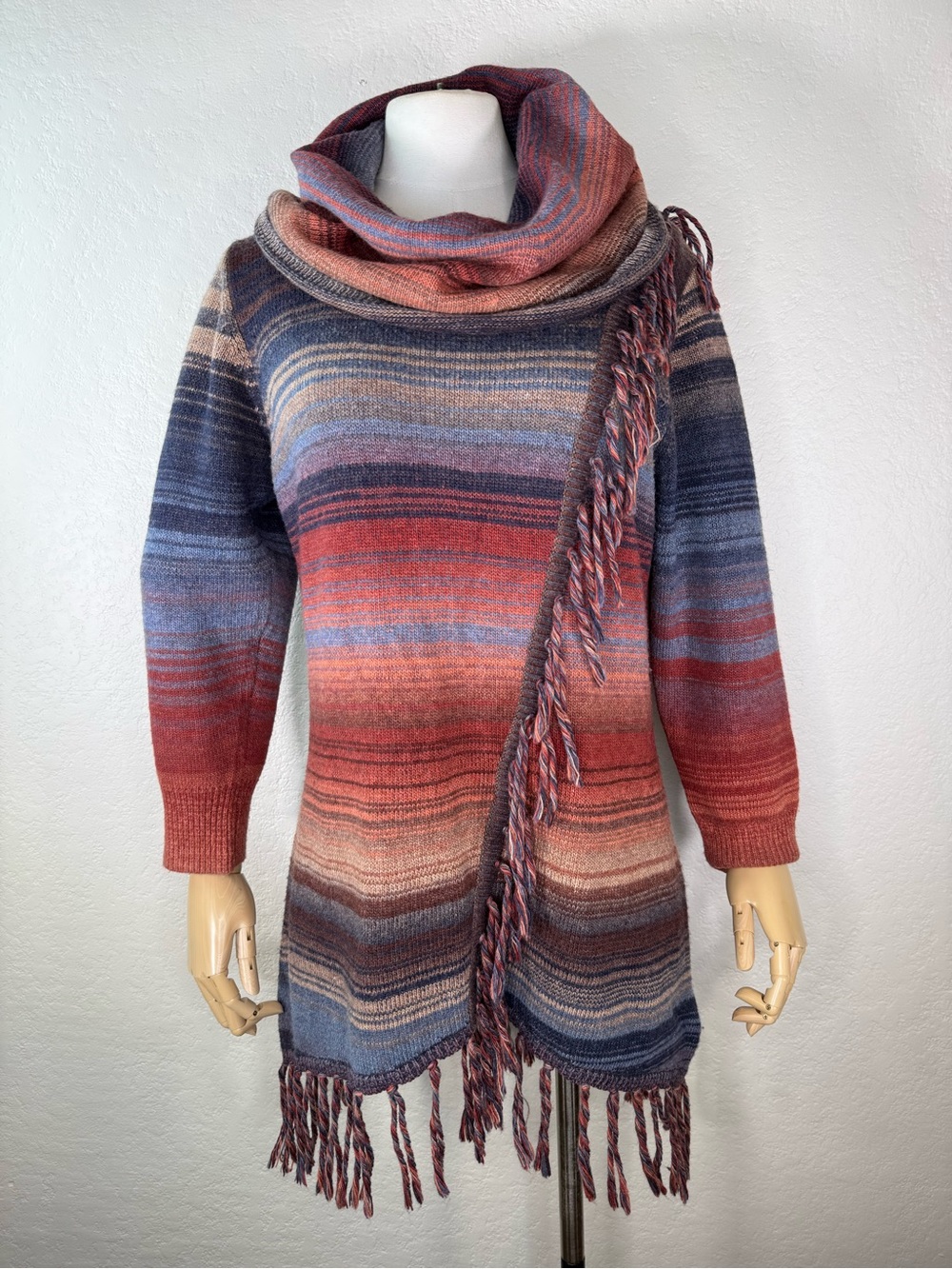 Reba McEntire Monica Boho Fringe Striped Asymmetrical Cowl Neck Sweater MEDIUM
